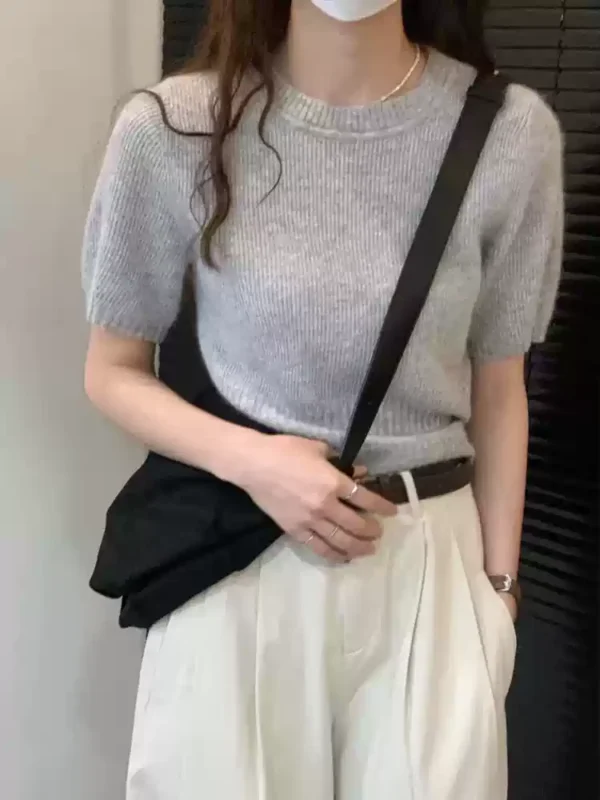 杏色短袖針織設計感上衣：圖片 2