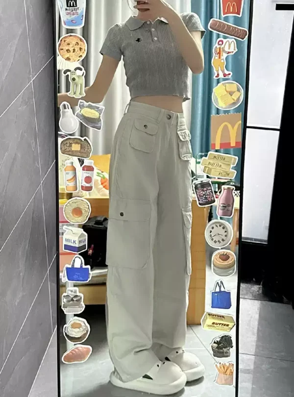 美式復古白色工裝寬褲：圖片 2