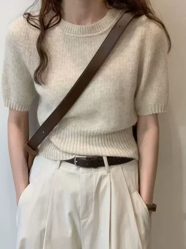 杏色短袖針織設計感上衣：圖片 3