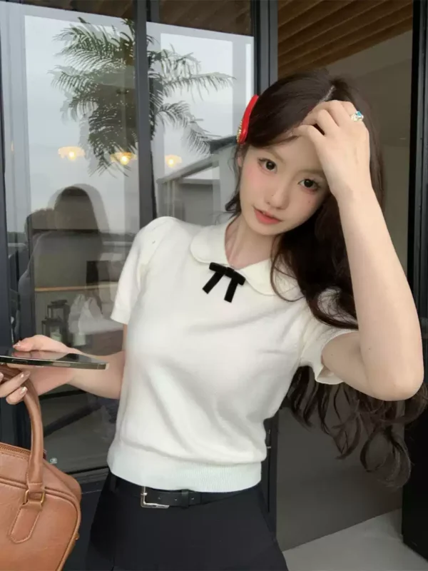 灰色娃娃領蝴蝶結短袖上衣：圖片 2