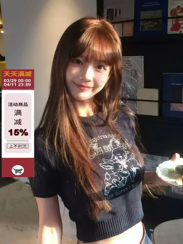 美式復古短袖針織衫 顯瘦短上衣：圖片 2