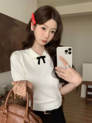 灰色娃娃領蝴蝶結短袖上衣