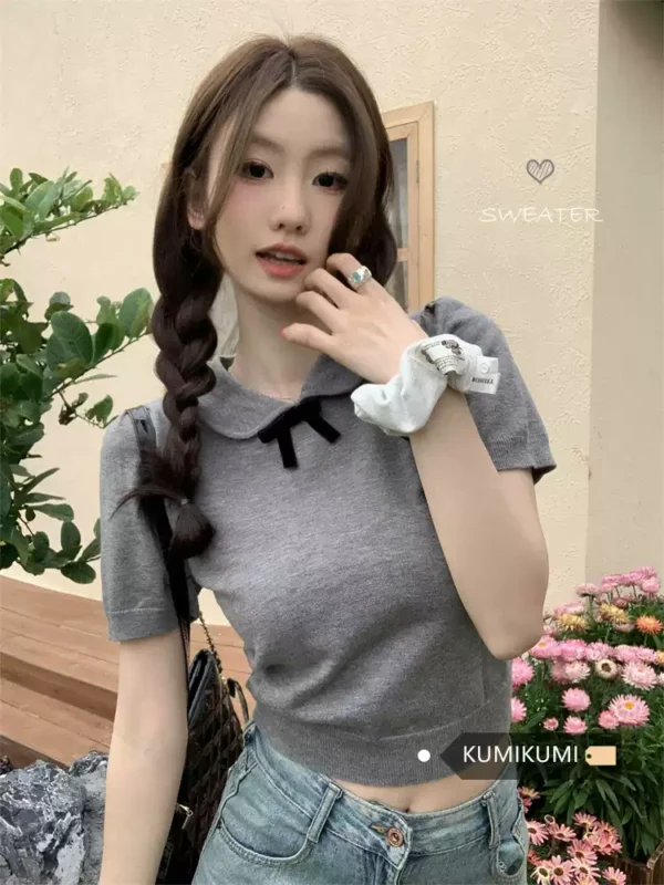 灰色娃娃領蝴蝶結短袖上衣：圖片 3