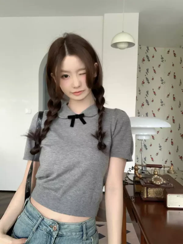 灰色娃娃領蝴蝶結短袖上衣：圖片 4