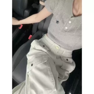 美式復古白色工裝寬褲