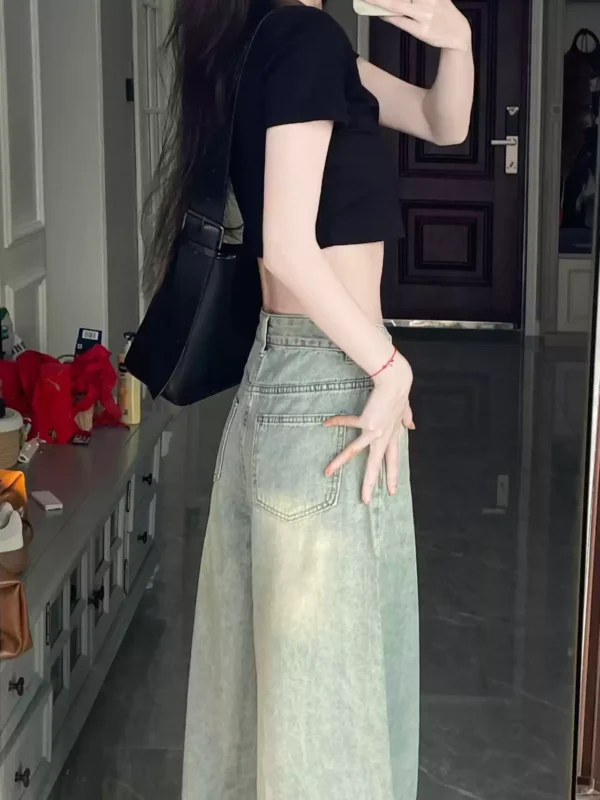 復古做舊淺色高腰拖地褲：圖片 3