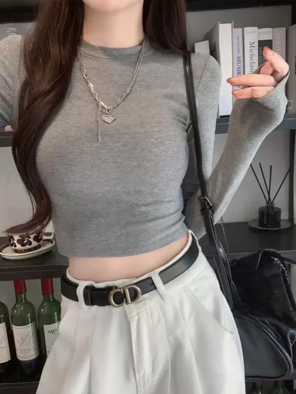 短版純色圓領修身打底上衣：圖片 2